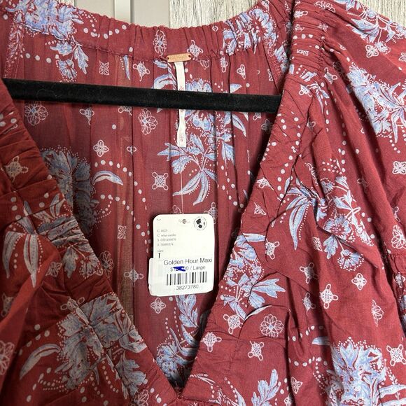 Free People Dress Womens Large Golden Hour Maxi Wine Combo V Neckline Floral L - Picture 2 of 8